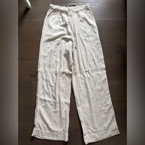 American Eagle Lightweight Cream Drawstring Linen Wide-Leg Pull On Pants